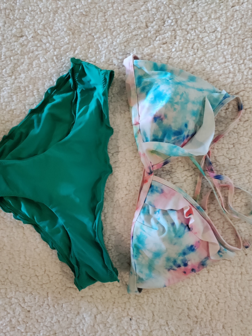 Hobie Teal Green Bikini Bottoms with Pastel Tie-Dye Ruffle Top